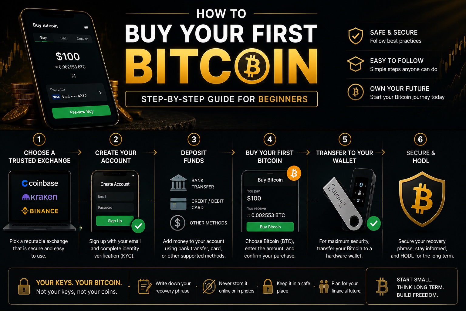 How to buy your first Bitcoin - 6 steps: choose exchange, create account, deposit funds, buy Bitcoin, transfer to wallet, secure and hodl