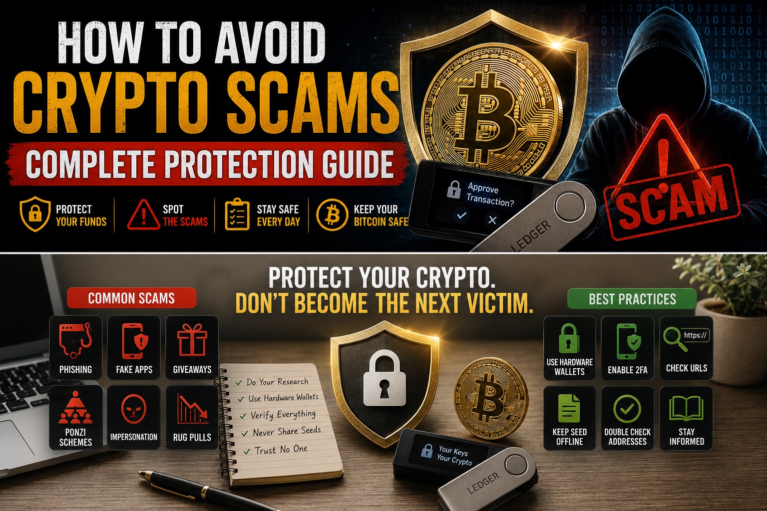 How to avoid crypto scams - common scams (phishing, fake apps, giveaways, ponzi, impersonation, rug pulls) and best practices infographic