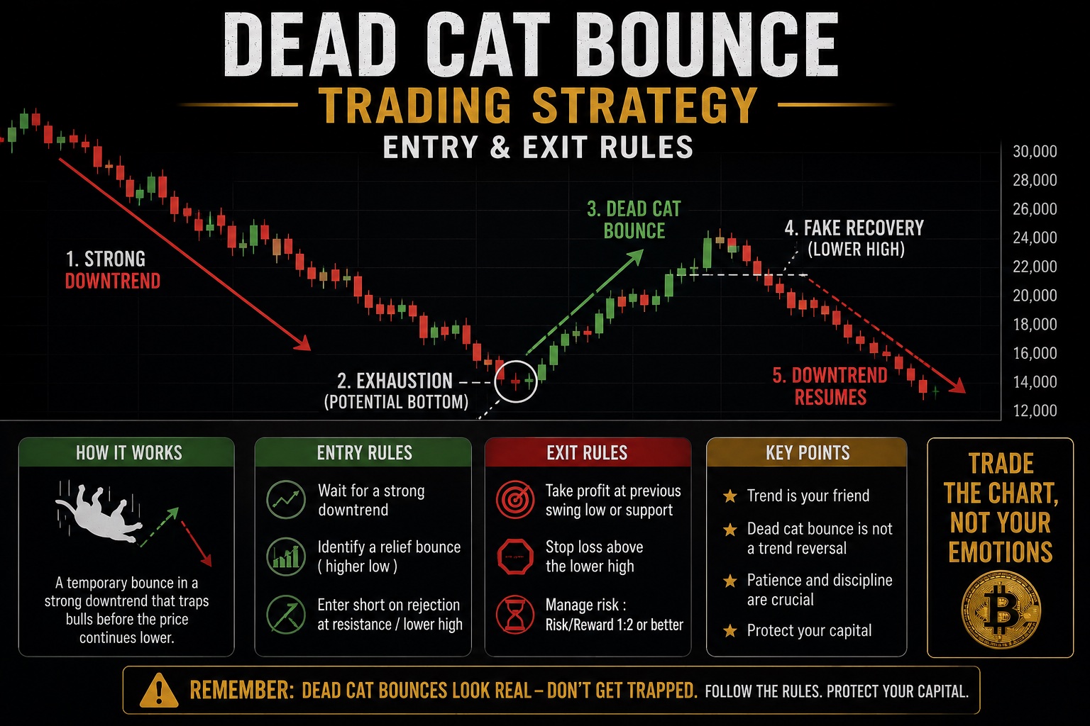 Dead cat bounce trading strategy infographic - entry rules, exit rules, key points with chart showing downtrend, exhaustion, bounce, fake recovery and downtrend resumption