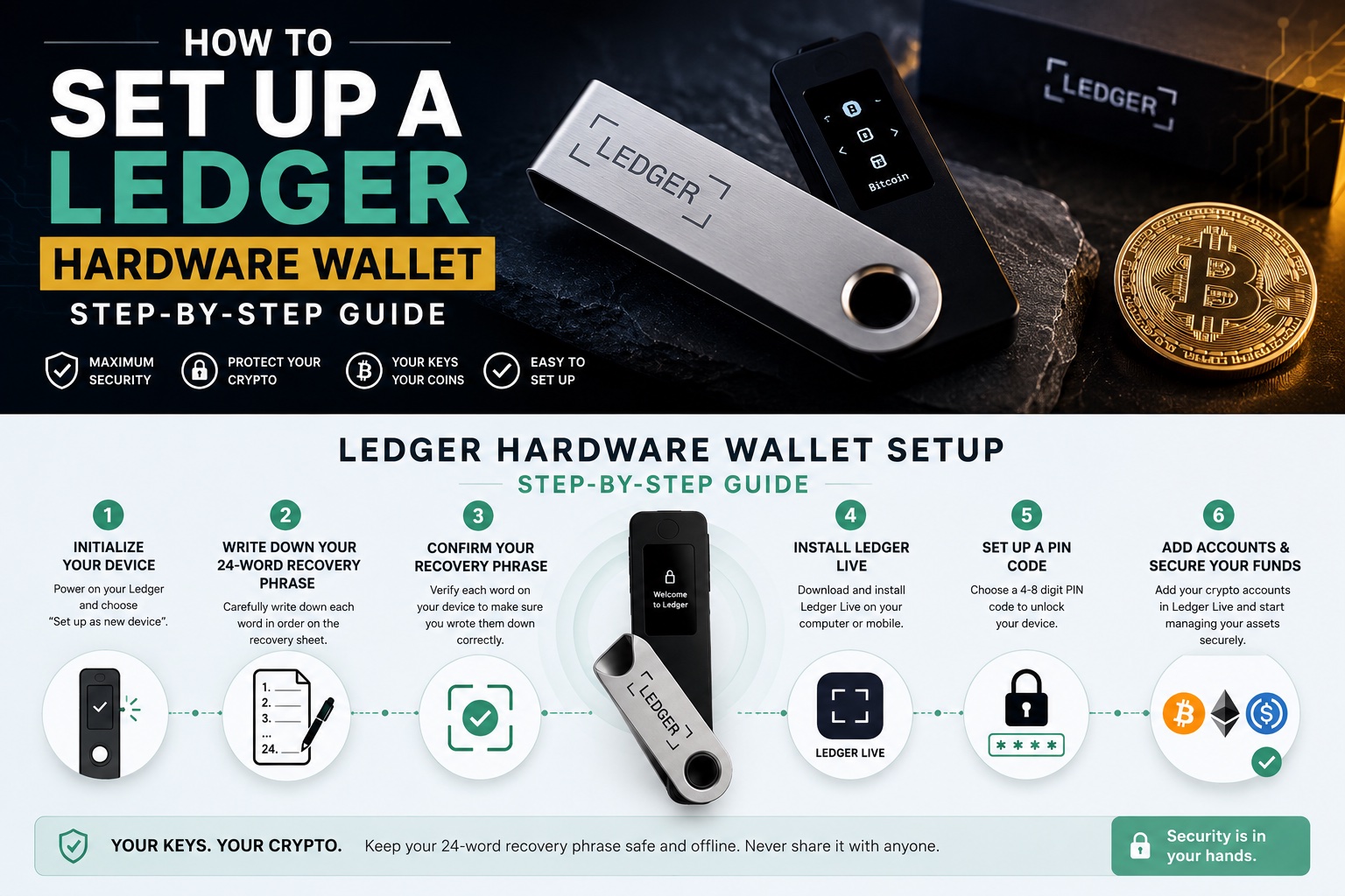 Ledger hardware wallet setup guide - 6 steps infographic