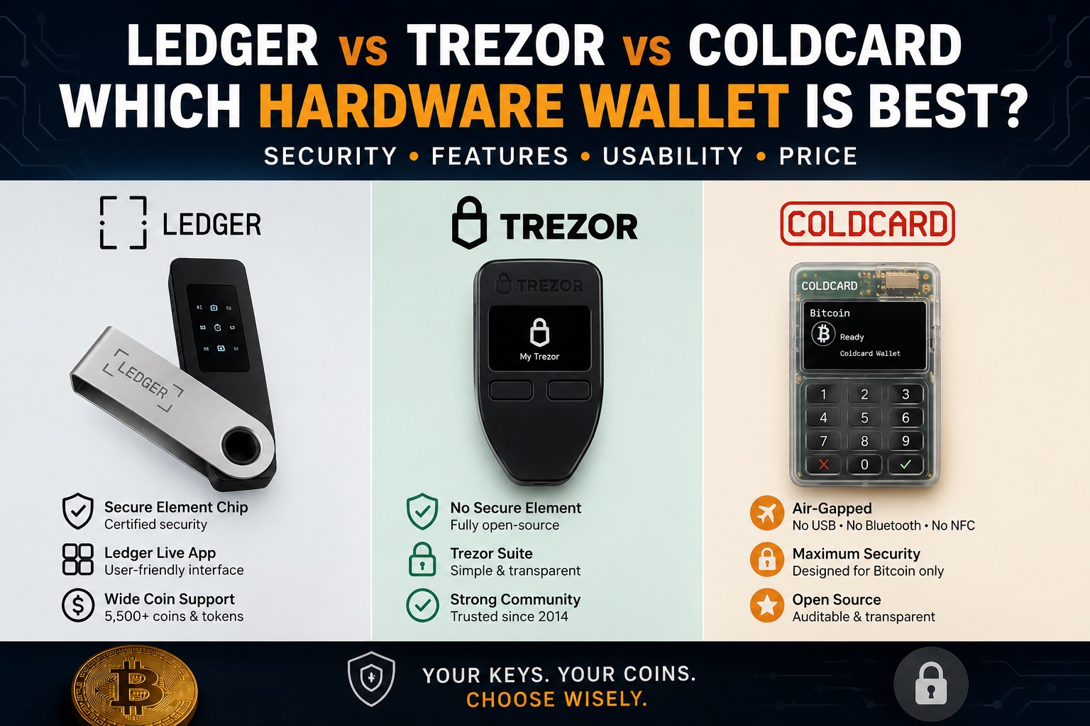 Ledger vs Trezor vs Coldcard comparison table - security, features, usability and price