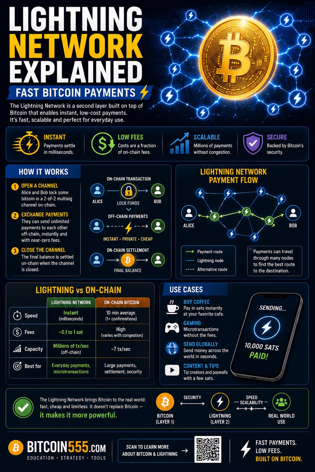 Lightning Network infographic - how Bitcoin layer 2 enables instant low-fee payments, payment channels, routing, and everyday transaction use cases
