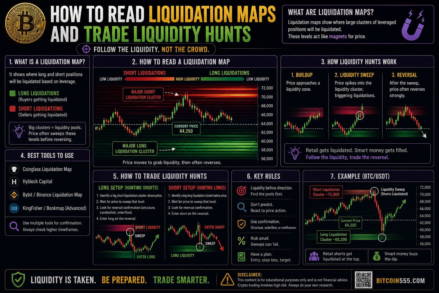 How to read liquidation maps infographic - liquidation clusters, liquidity hunts buildup sweep reversal, long and short setups, best tools Coinglass Hyblock