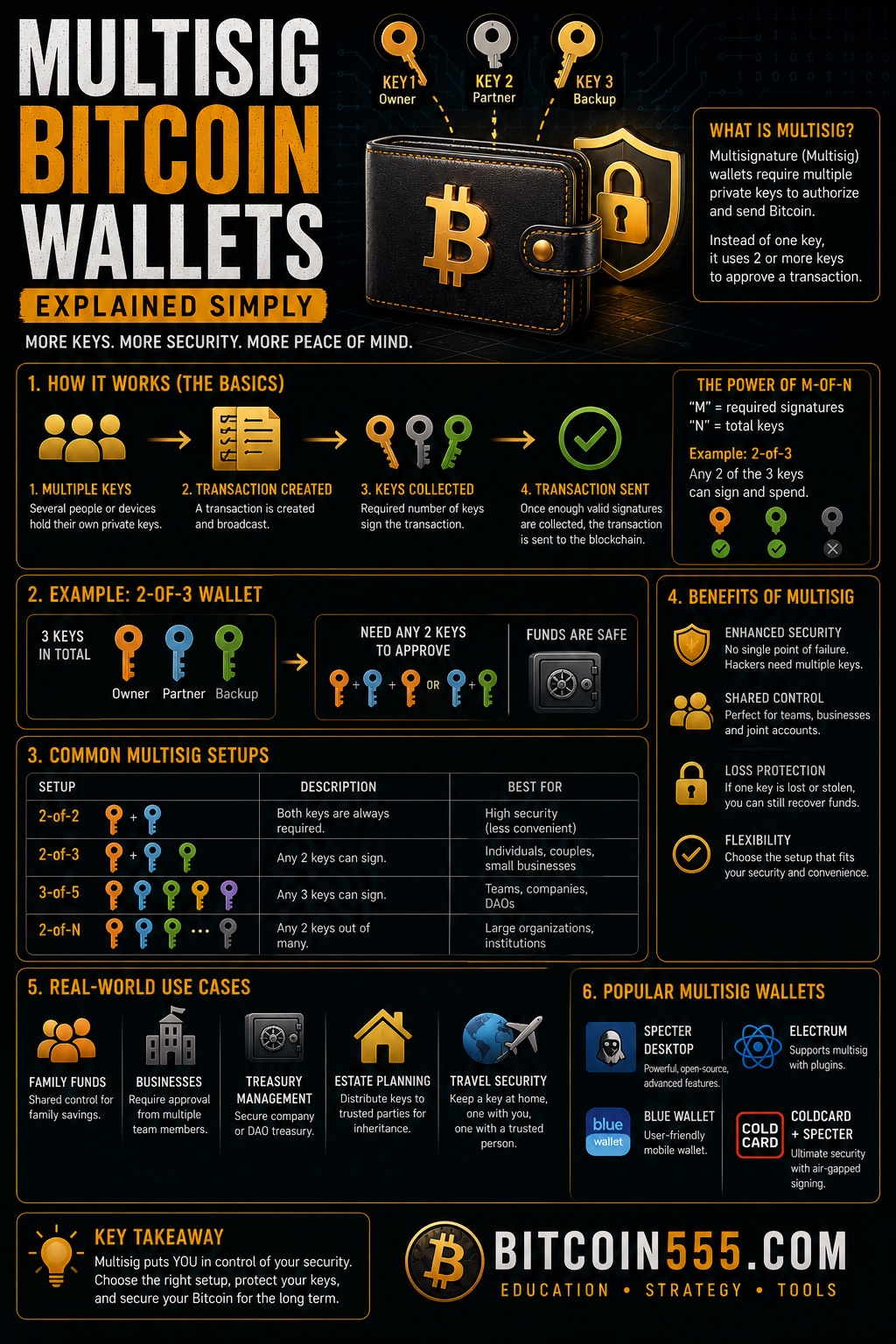 Multisig Bitcoin wallet infographic - how 2-of-3 multisignature works, key distribution, inheritance planning and common setup mistakes to avoid
