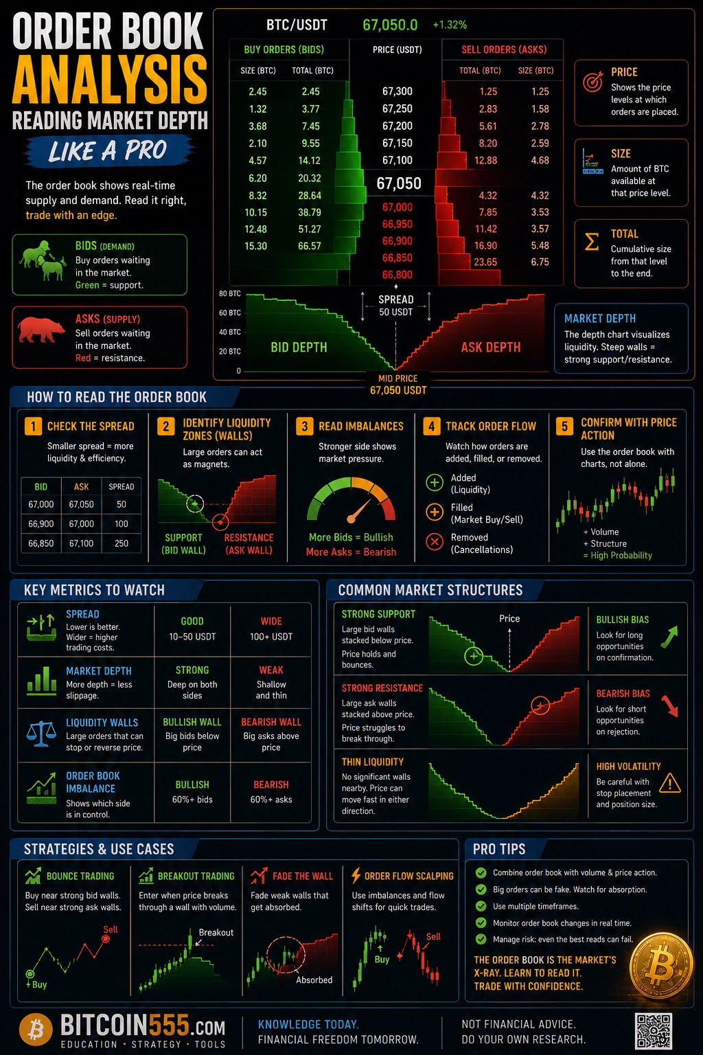 Order book analysis infographic - how to read market depth, bid and ask walls, spread, liquidity zones and spot spoofing in crypto trading