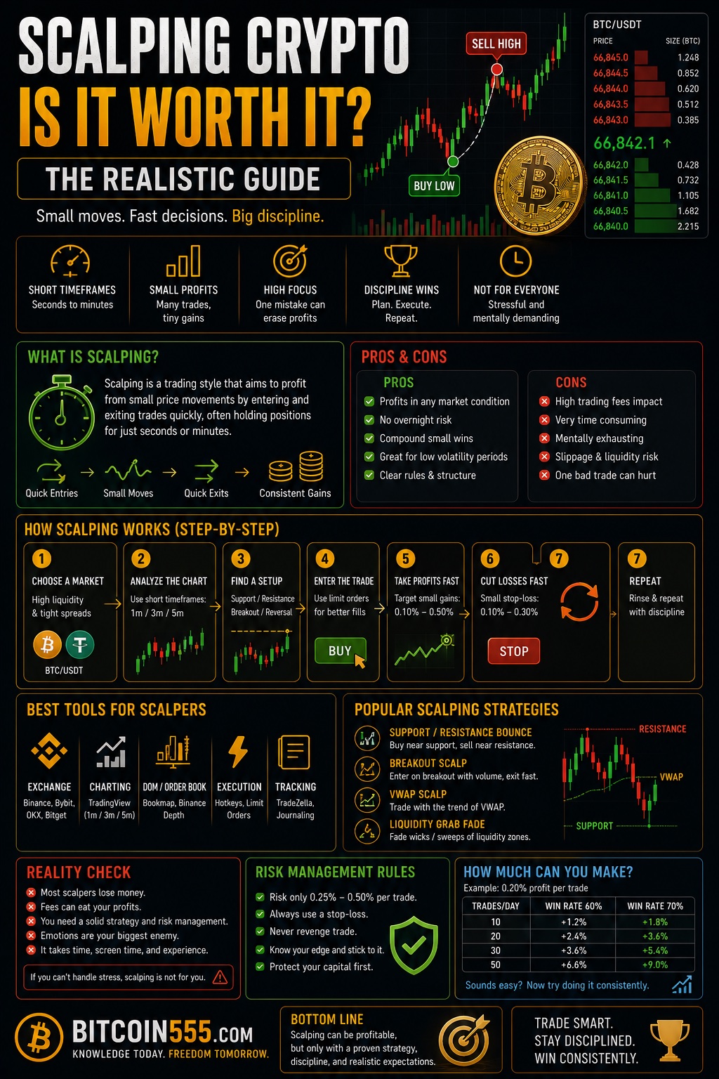 Scalping crypto infographic - how scalping works, timeframes, fees and spread impact, realistic profit expectations and why most scalpers lose money