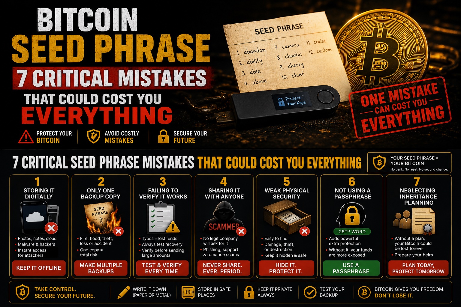 Bitcoin seed phrase 7 critical mistakes infographic - storing digitally, one backup, no verification, sharing, weak security, no passphrase, no inheritance plan