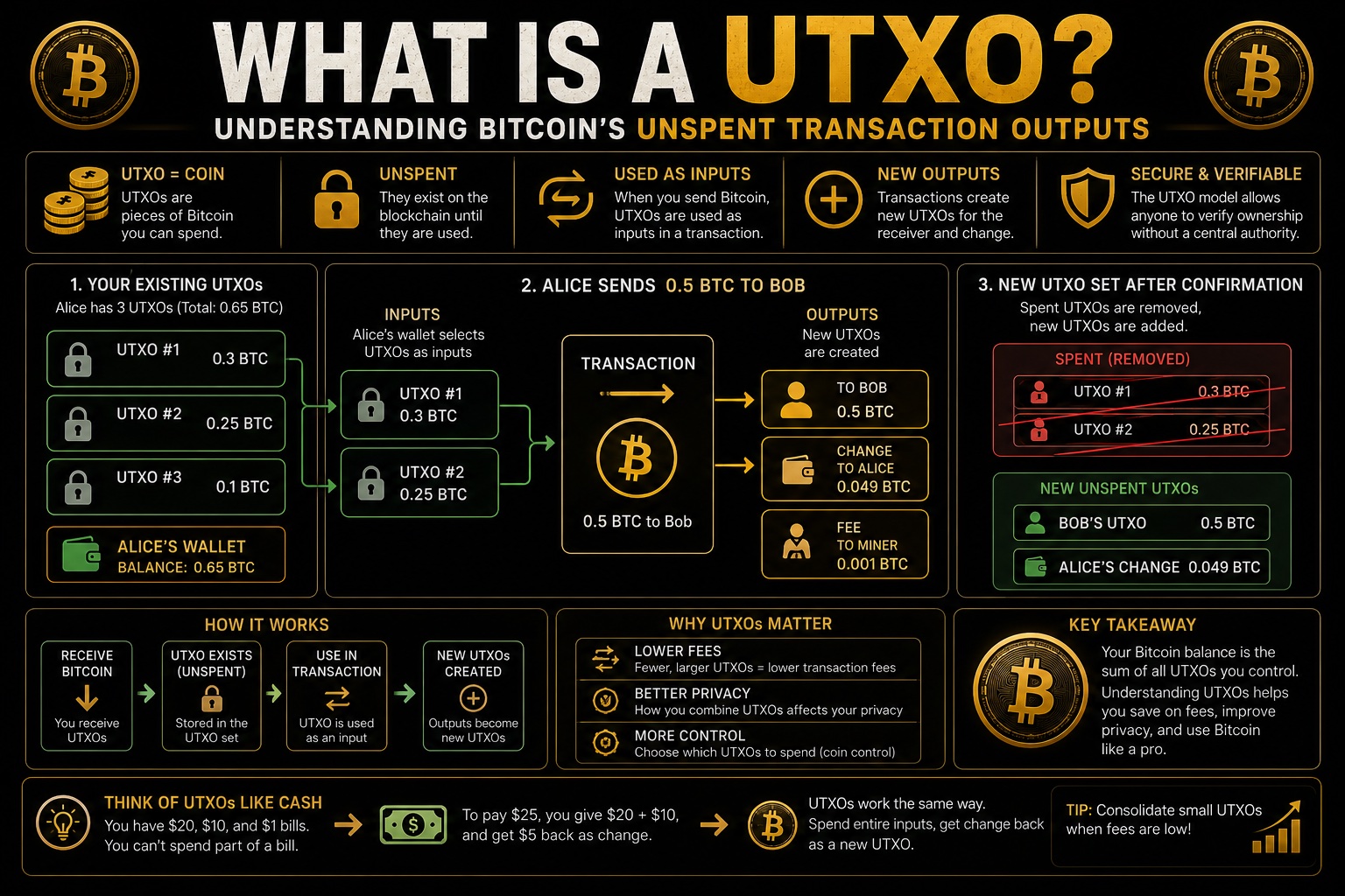 UTXO explained - Bitcoin unspent transaction outputs infographic