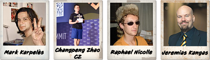 Portrait collage of four pioneering cryptocurrency exchange founders: Changpeng Zhao of Binance, Jeremias Kangas of LocalBitcoins, Raphael Nicolle of Bitfinex, and Mark Karpelès of Mt. Gox.