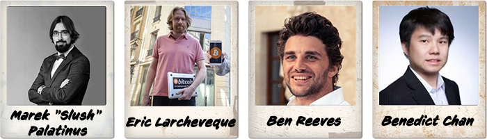 Portrait series of pioneering cryptocurrency wallet founders - Eric Larchevêque, Marek “Slush” Palatinus, Ben Reeves, and Benedict Chan.