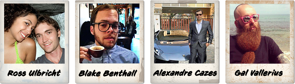 Photographic collection featuring polaroids of prominent figures from the cryptocurrency underworld: Ross Ulbricht, Gal Vallerius, Blake Benthall, and Alexandre Cazes.