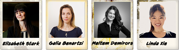 A series of polaroids highlighting the influential women spearheading innovations in the cryptocurrency and blockchain sectors, featuring Elizabeth Stark, Galia Benartzi, Linda Xie, and Meltem Demirors.