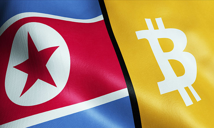 A North Korean flag merged with the Bitcoin symbol, illustrating the country's alleged involvement in cryptocurrency-based financial crimes.