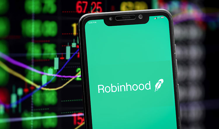 As Robinhood Maneuvers Through Market Curves: An illustrative snapshot capturing Robinhood's resilience amidst the market waves, showcasing its logo on an iPhone screen, set against a backdrop of dynamic trading curves that tell the tale of a market in flux.